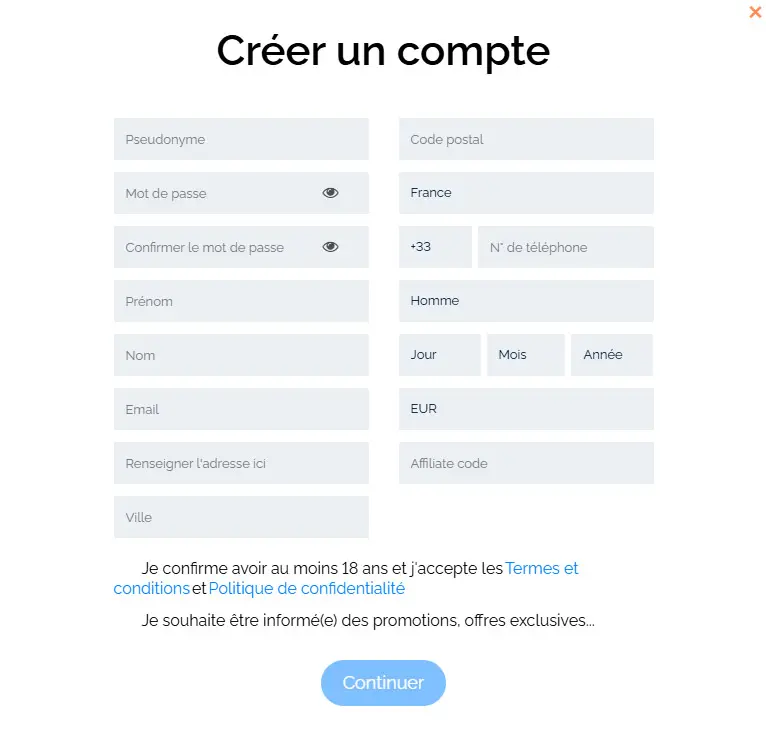 Proceso de registro PLATIN CASINO